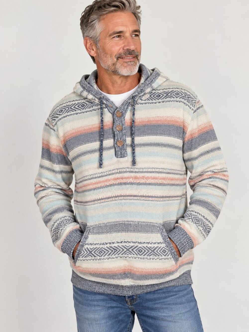 Faherty Striped Hooded Henley Zip-Up Sweater - Cream, Blue, Coral, Gray